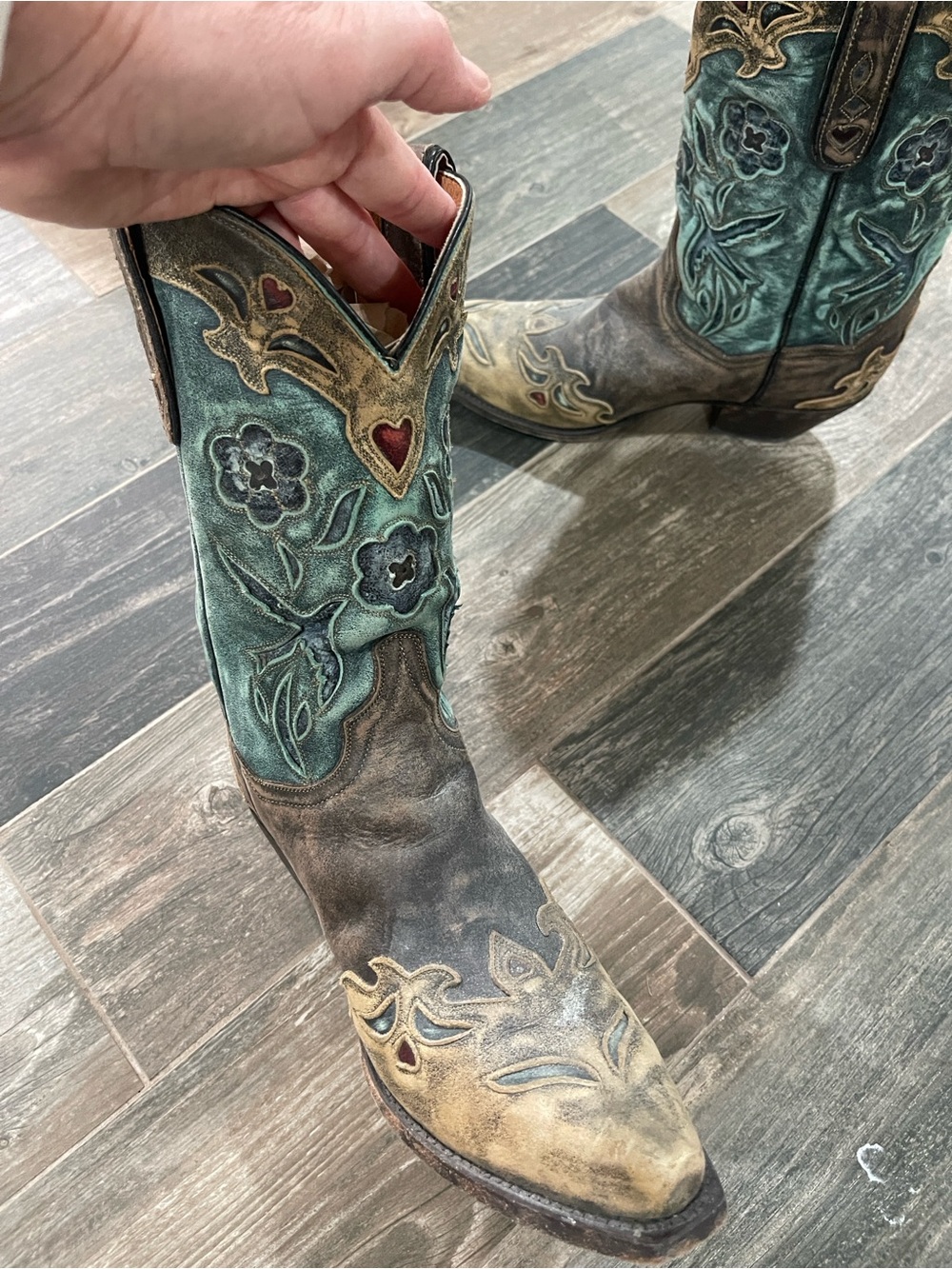 Dan Post Teal and Brown Floral Embroidered Western Ankle Boots